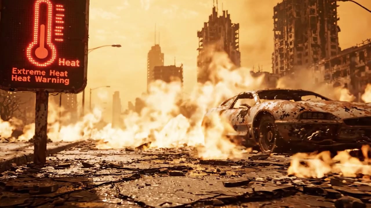 A Dystopian Urban Landscape Bathed in Flames, Featuring a Warning Sign Indicating Extreme Heat Amidst the Ruins of a Once-Thriving City