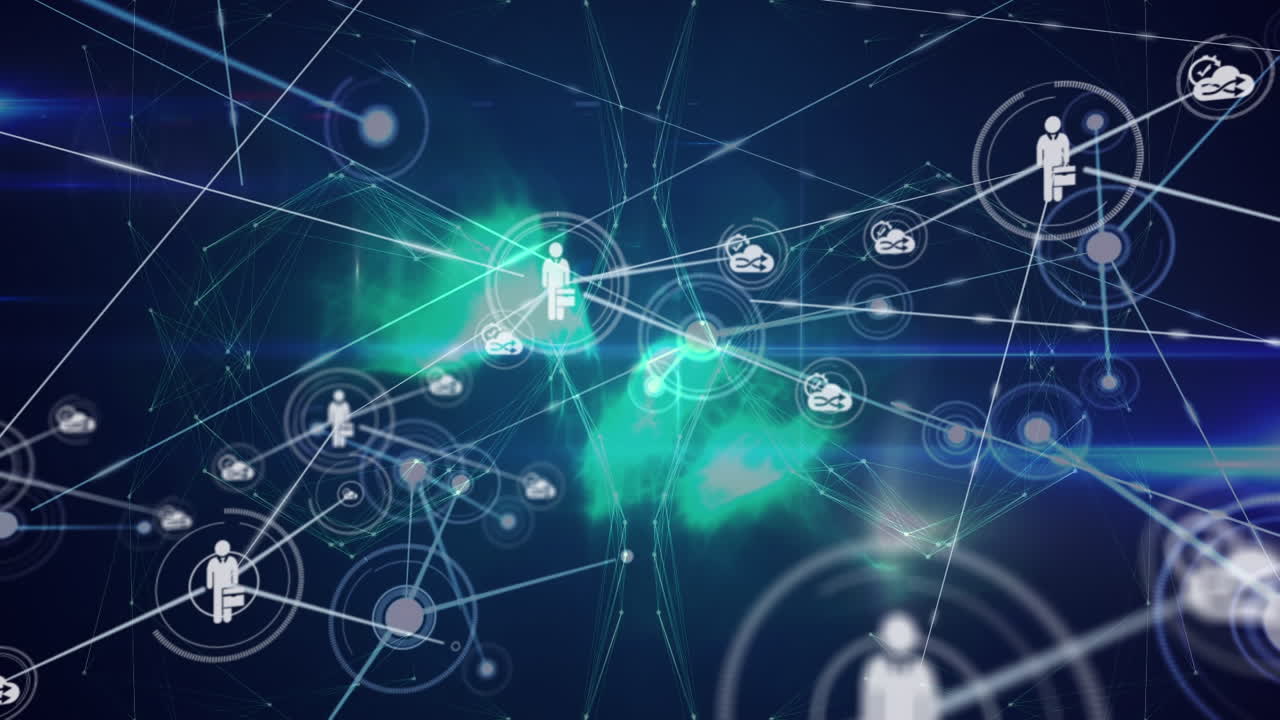 Animation of growing network of business people and cloud computing icons transferring data