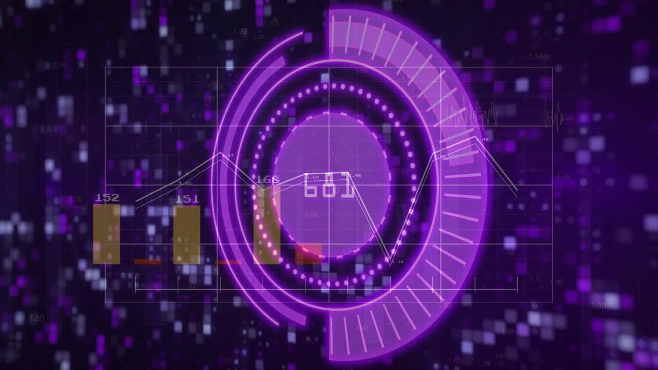 On data update HUD appearing on pixel squares, rotating rings and updating readouts for monitoring