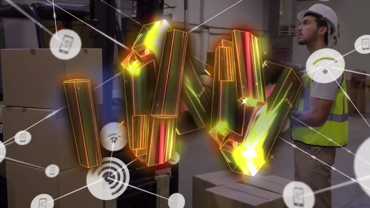 animación de bloques metálicos brillantes y red de conexiones sobre el hombre que trabaja en el almacén