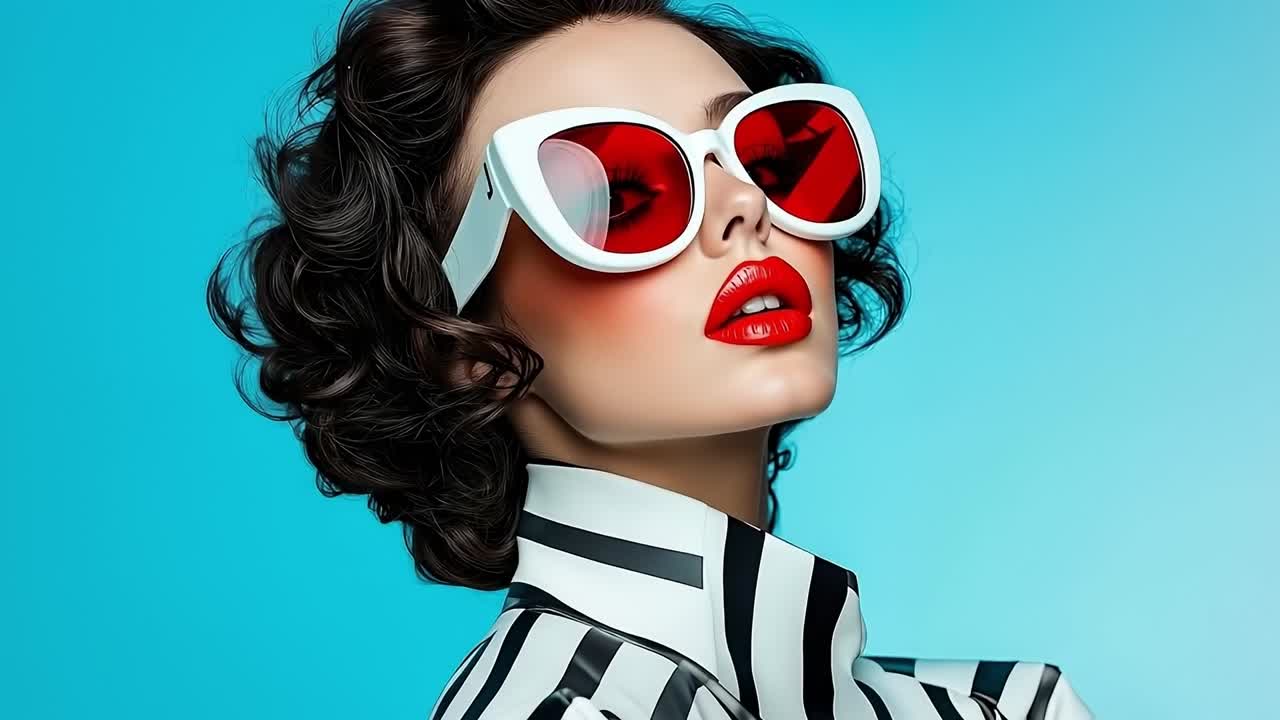 A woman wearing a striped shirt and red sunglasses