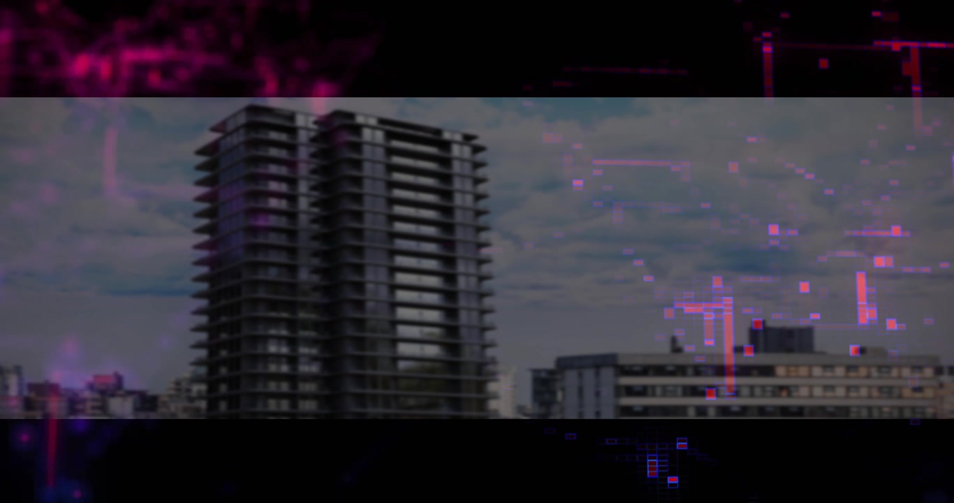 Avanzamento del fotogramma che attiva pattern di glitch viola-magenta su un grattacielo per la scansione digitale.