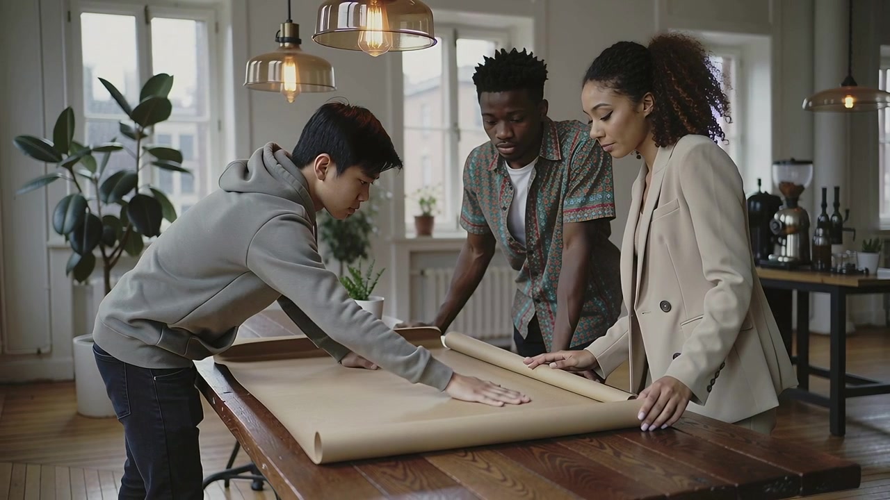 Unrolling left designer in hoodie smoothing kraft paper on loft table, team aligning for layout