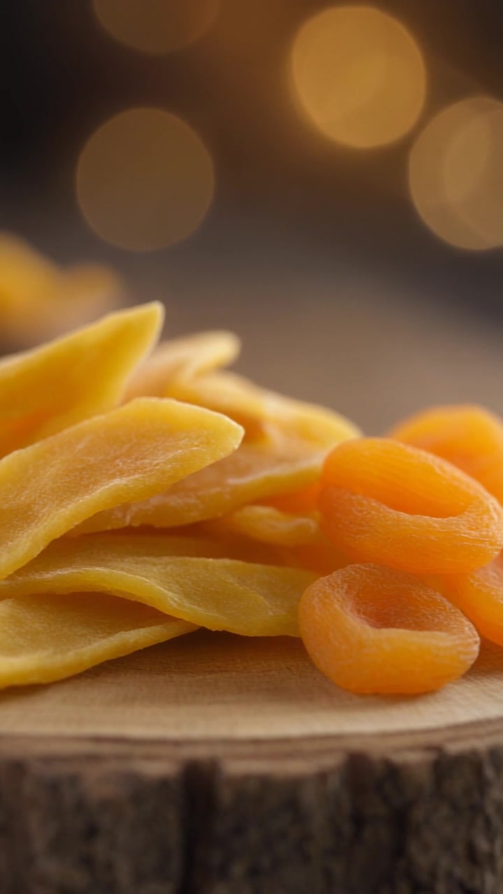Fette di mango essiccato e albicocche su un tagliere di legno