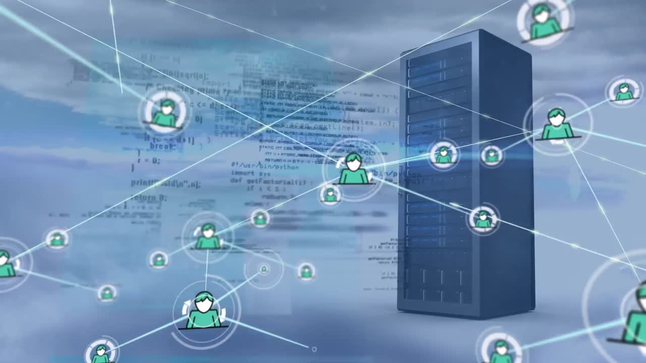 Animation of network of profile icons and data processing over computer server and clouds in the sky