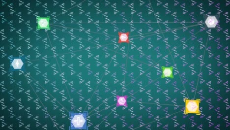 animation of networks of connections with icons over green patterned background