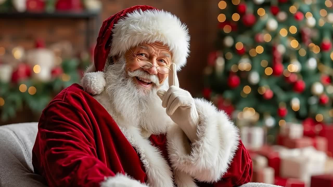 A man dressed as Santa Claus sitting on a couch in front of a Christmas tree
