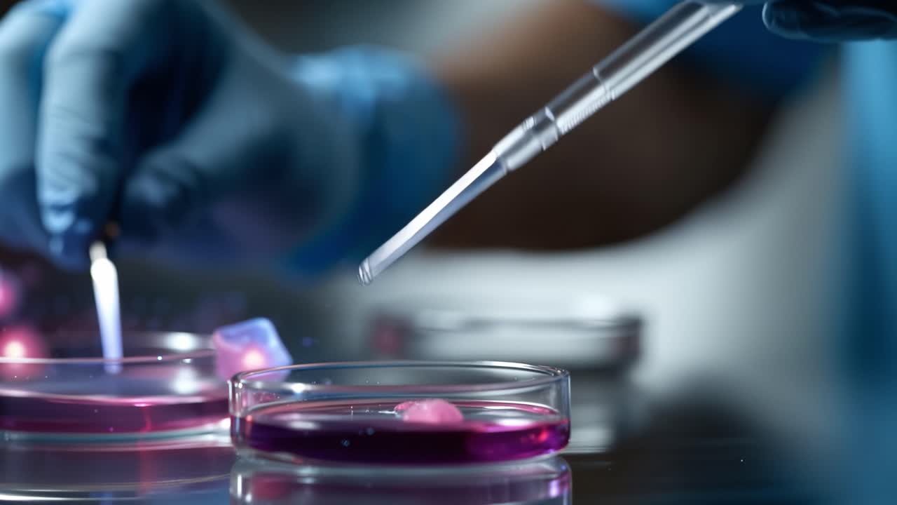 Exploring Microscopic Realms: A Close-Up of Scientific Experimentation with Petri Dishes, Pipettes, and Glittering Cellular Structures Under Lab Conditions