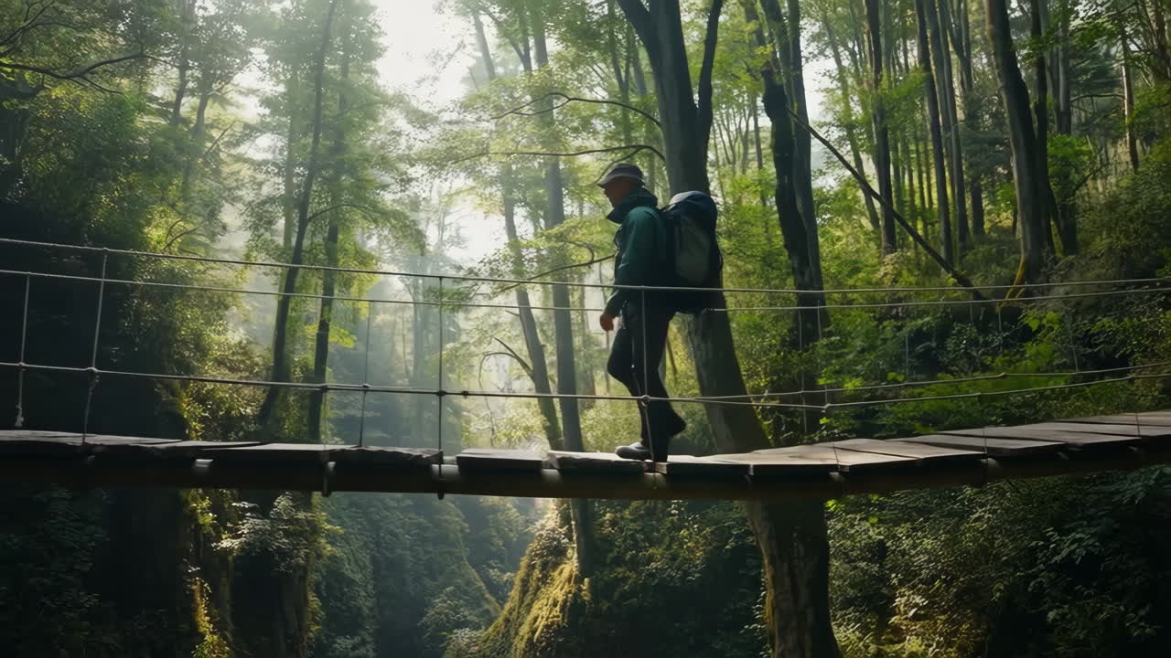 A Hiker Crosses a Suspension Bridge in a Lush Forest