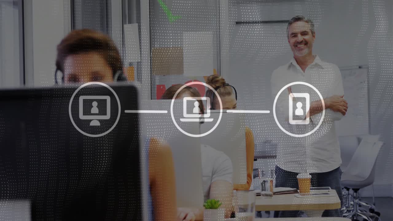 Animation of data processing over diverse business people in office
