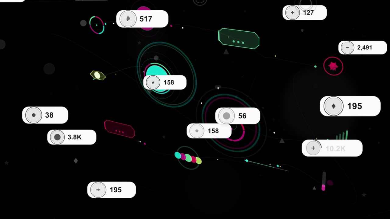 Large teal node appearing, pulsing; badges sliding, lines tracing, values rising, visualizing data