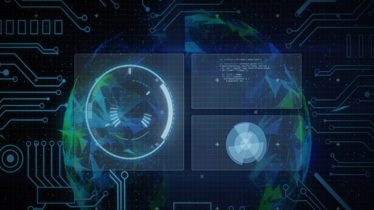 검은 바탕에 전 세계를 스캔하는 범위의 데이터 처리 애니메이션