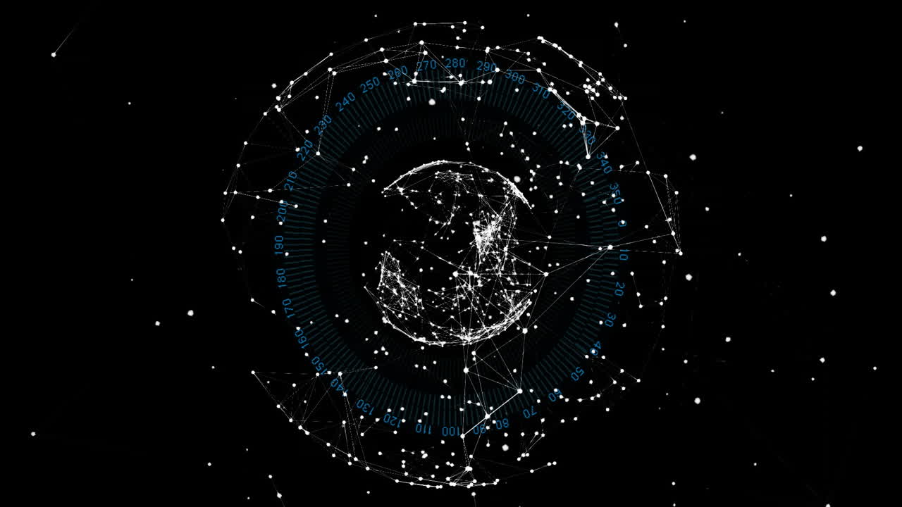 Animation of globe and spots over numbers in circle on black background