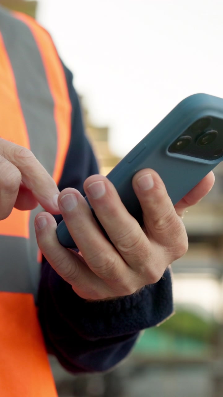 Un costruttore che usa lo smartphone sul cantiere