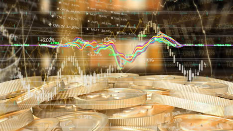 animación del procesamiento de datos financieros sobre monedas de oro