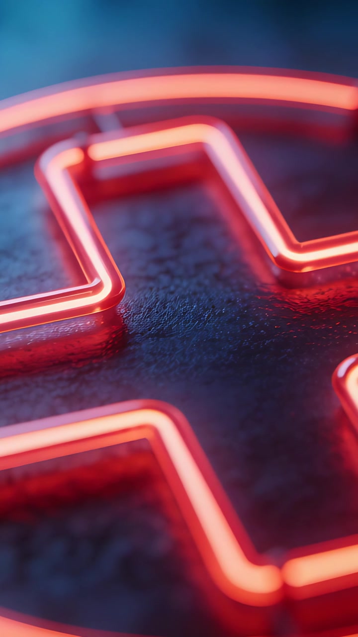 Vertical video: Moving cam closer, red neon cross tube glowing on sign, showing clips and blue rim