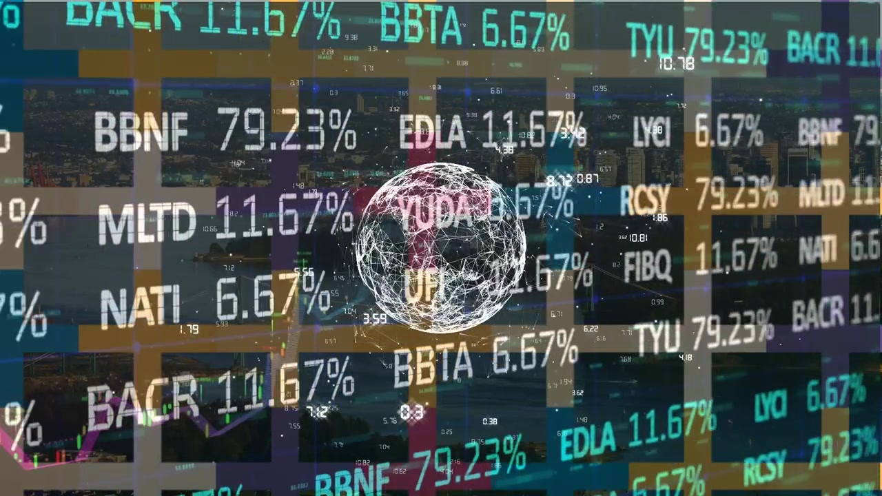 Animation of financial data and graphs over globe with connections