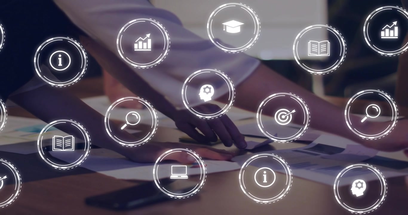 Business colleagues leaning over table, touching phone and marking charts, animated icons aligning