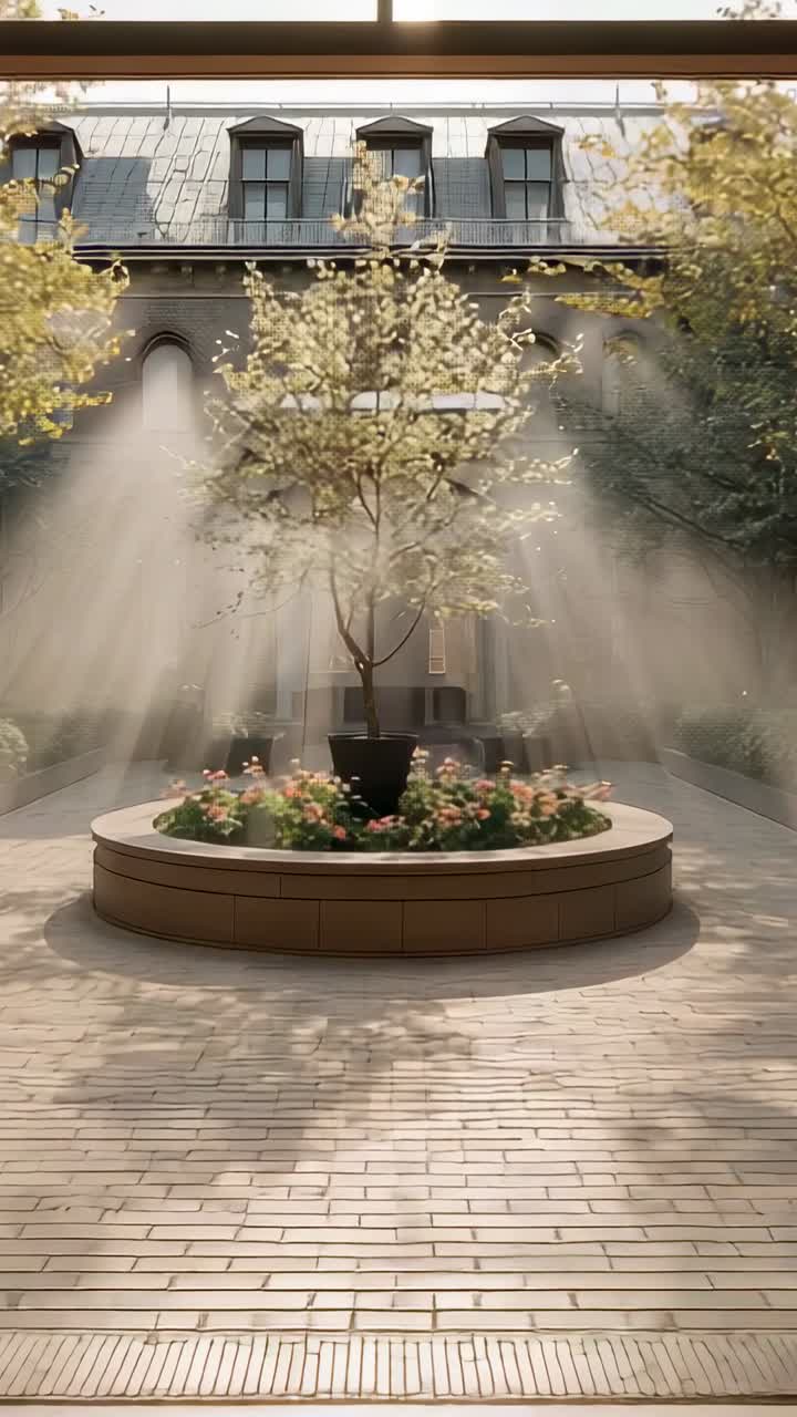 Video verticale: maniglie che muovono le ante di una porta che si aprono su un cortile che rivela una fioriera, un albero e un cerchio di fiori