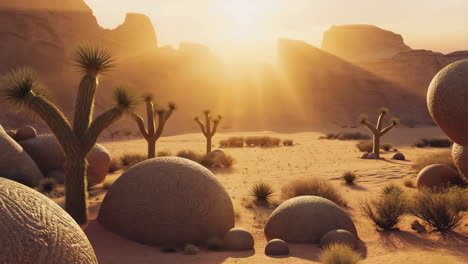 desert landscape with joshua trees and boulders at golden hour