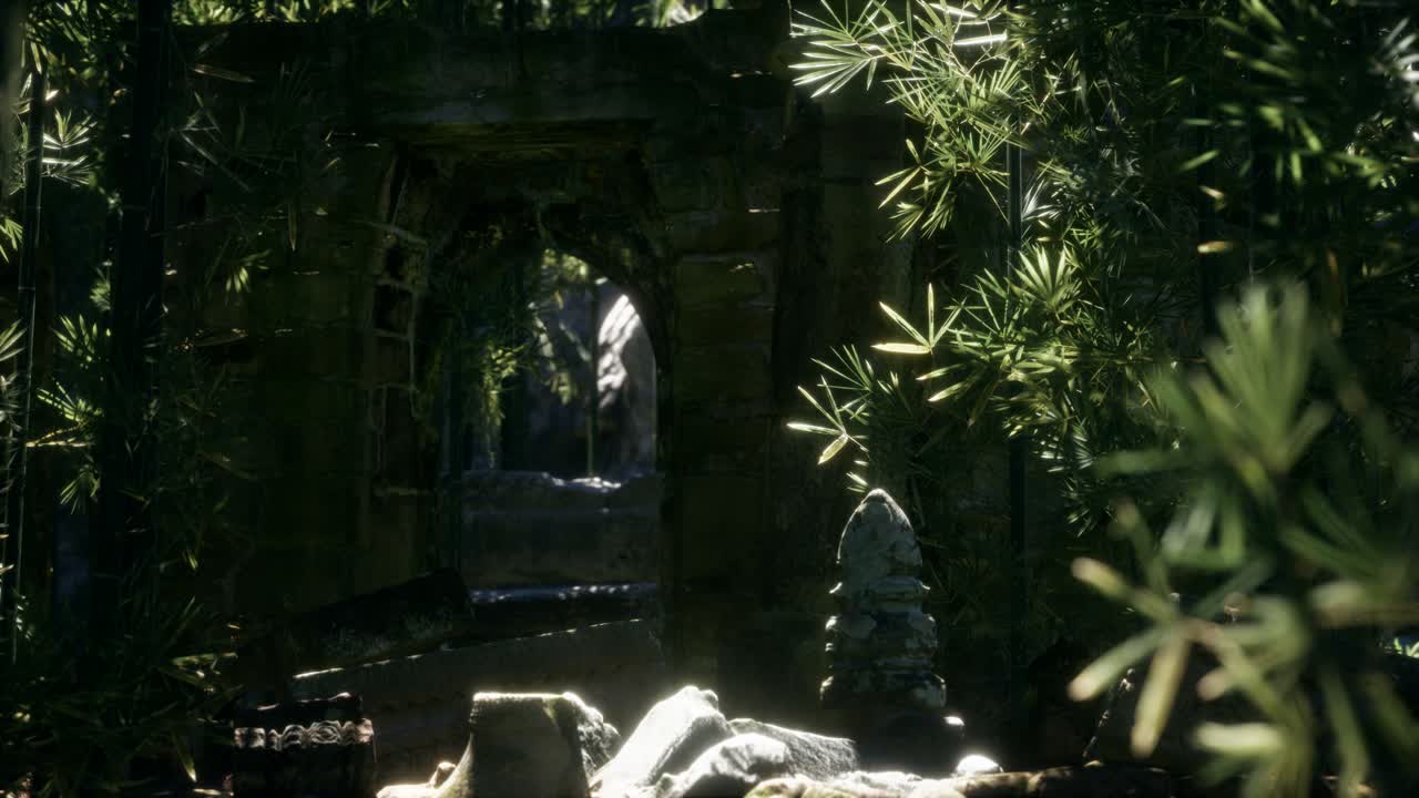 las ruinas de edificios antiguos en el bosque de bambú verde