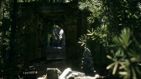 the ruins of ancient buildings in green bamboo forest