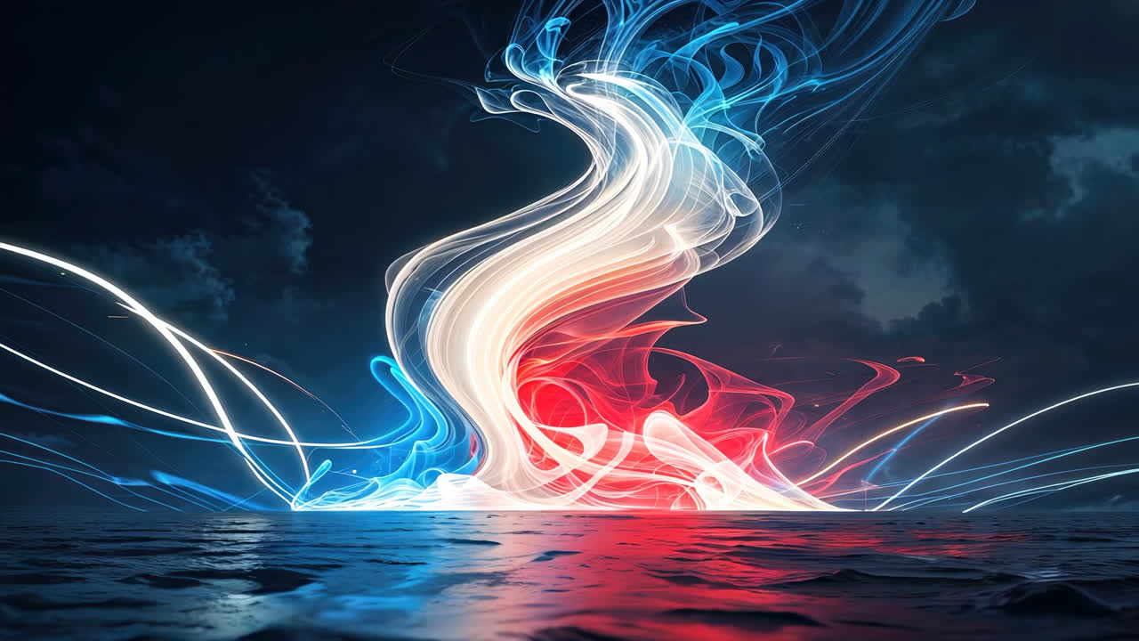 Abstract Glowing Light Swirls on Reflective Surface