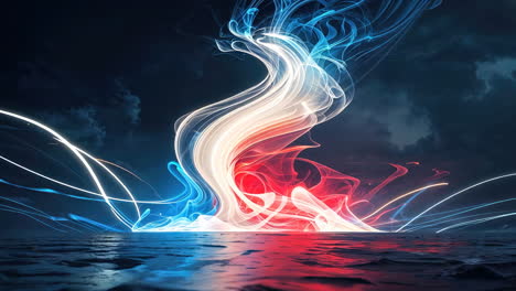 abstract glowing light swirls on reflective surface