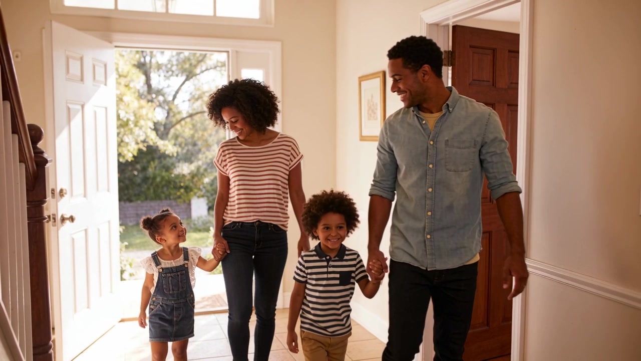 Entering family of four walking into foyer from open front door, parents casual returning home