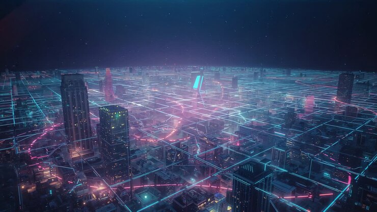 Opening aerial cityscape, camera panning while neon grid pulsing network nodes suggesting data flow