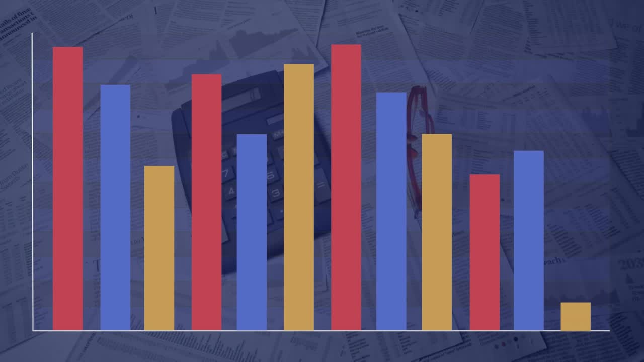 Animasjon av behandling av finansielle data og statistikk over kalkulator og papirer
