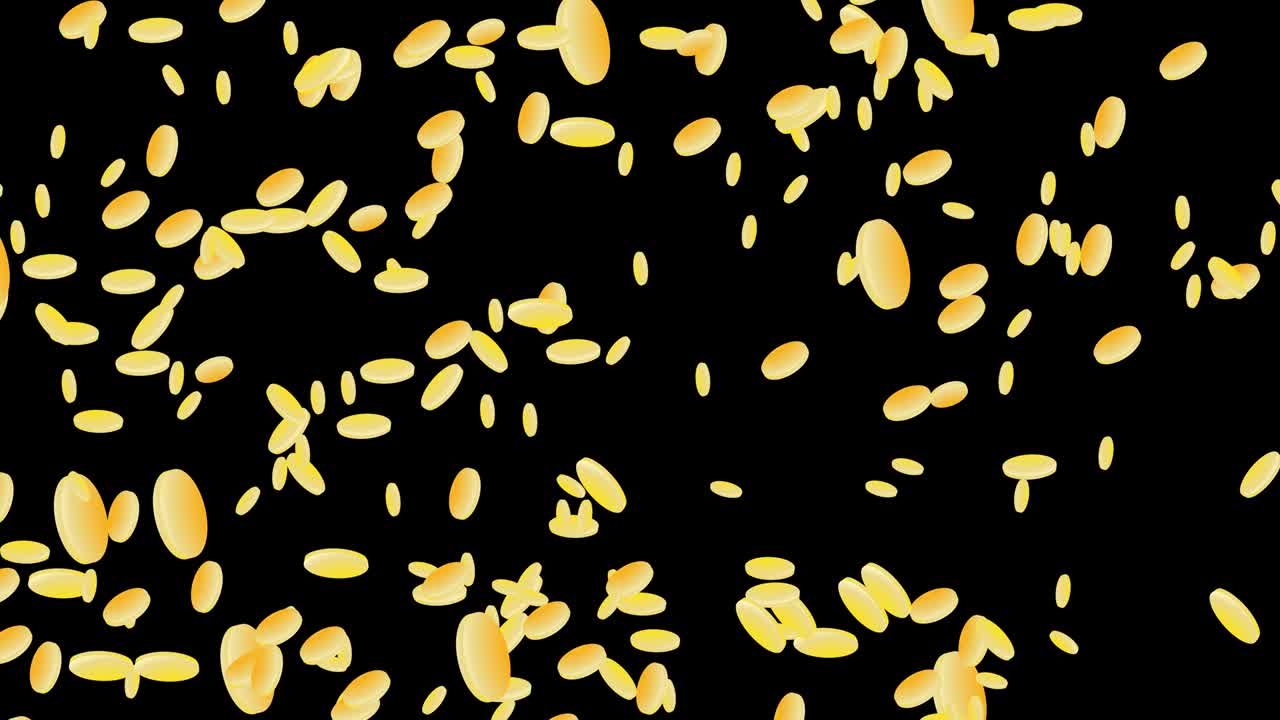 Monete d'oro che volano su uno sfondo nero. Flusso di cassa. Composizione orizzontale, qualità video 4K.