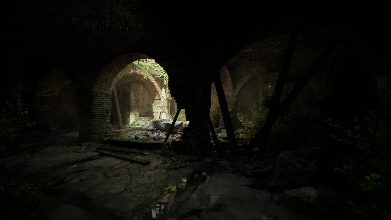Exploring an ancient underground ruin filled with shadows and mystery