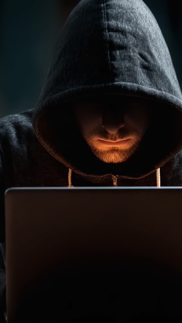 A Mysterious Figure in a Hooded Sweatshirt Engaged with a Laptop, Illuminated by the Screen's Glow in a Dark Environment