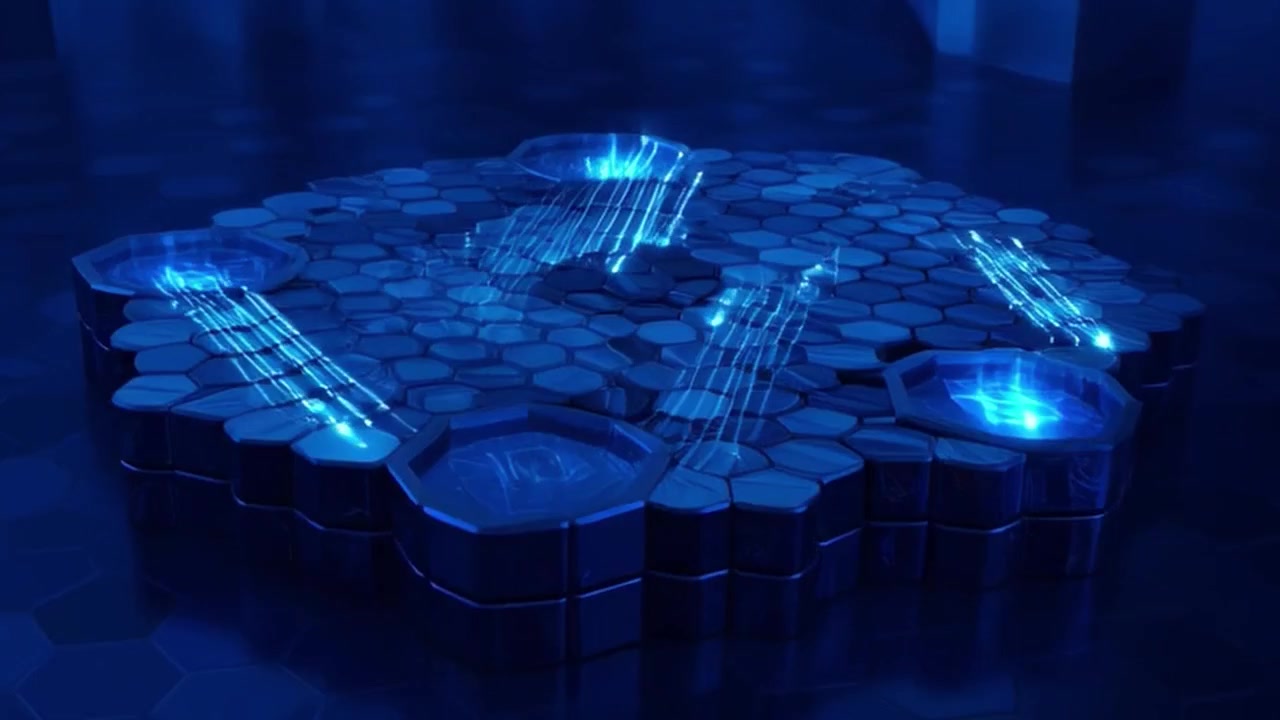 Digital Data Flow Across Futuristic Hexagonal Grid Network