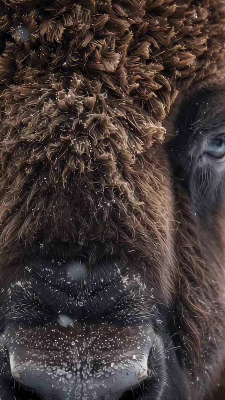 Vertical video: Camera panning over bison nose, revealing snow on fur, whiskers and eye in tundra