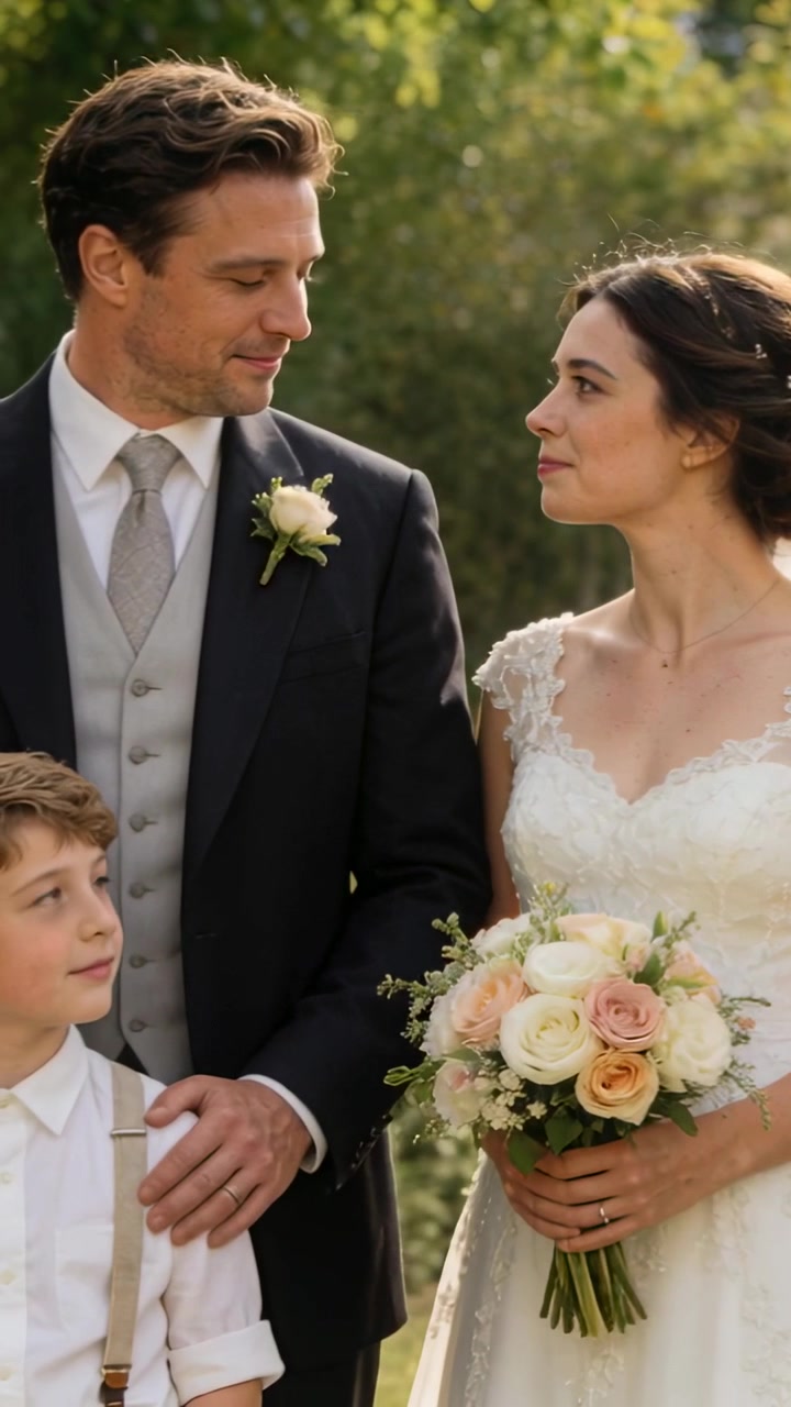 Video verticale: Sposo sorridente in abito che posa la mano sul figlio in giardino, sposa in abito di pizzo con rose.