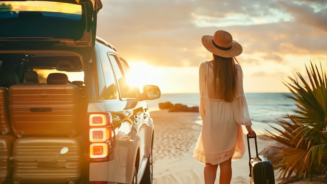 una mujer de pie al lado de un coche con maletas en el maletero