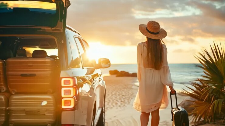 una donna in piedi accanto a una macchina con delle valigie nel bagagliaio