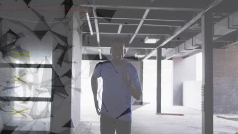 Animation-Eines-Netzwerks-Von-Verbindungen-über-Einen-Mann,-Der-In-Einem-Verlassenen-Gebäude-Joggt