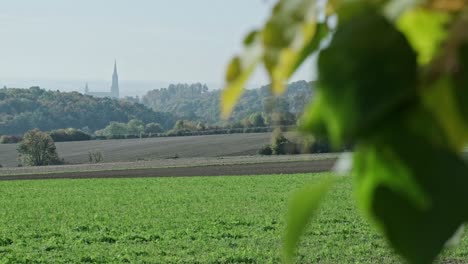 Super-wide-shot-of-a-large-church-on-a-sunny-fall-day