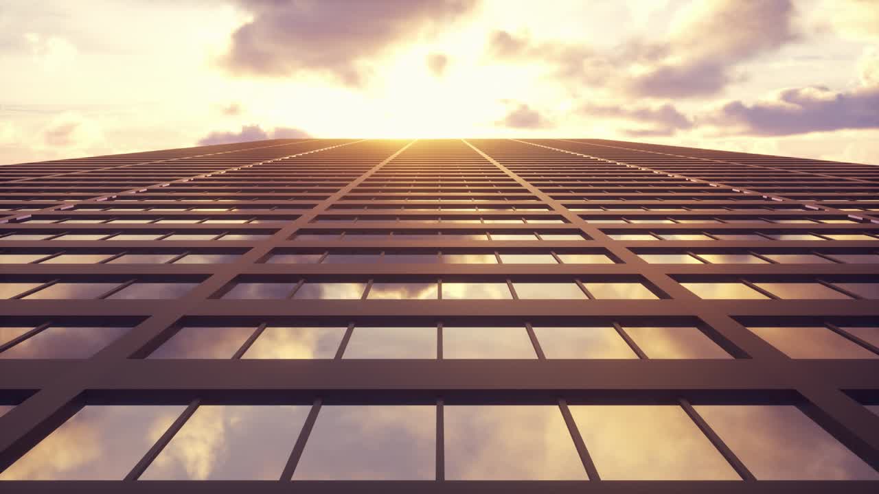 아름다운 추상적인 마천루 전면이 하늘의 반사와 함께 끊임없는 루프를 움직입니다.