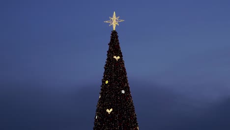 Christmas-tree-outside-with-bright-star-and-colorful-lights-sparkling,-zooming-shot