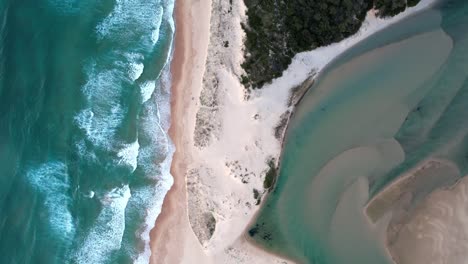 top-down waves crashing on white sand beach with sandbar and forest