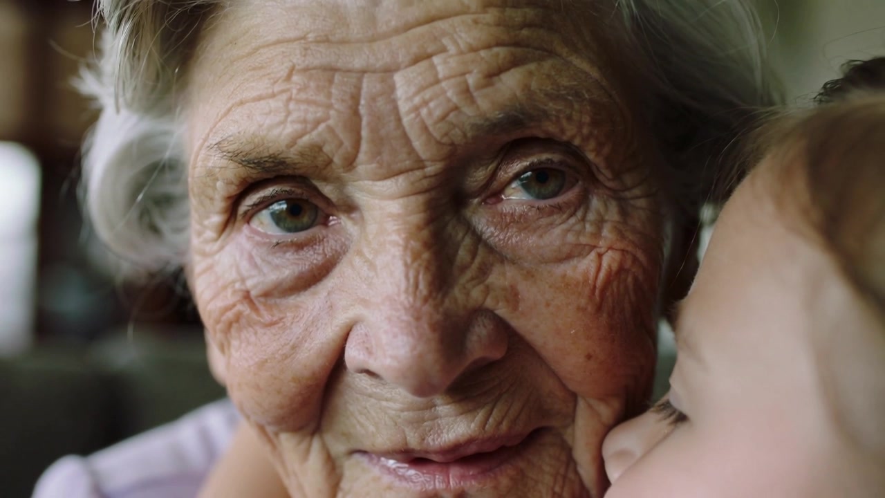 Leaning grandchild pressing cheek against grandma in living room, showing love causing eye closure