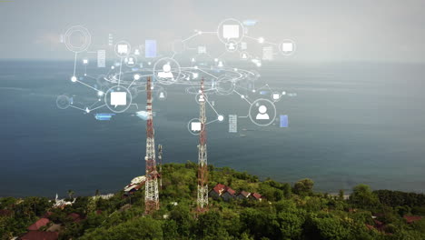 las torres transmisoras directamente en la costa envían señales digitales desde la red de internet para conectar fuentes y comunicación 5g.