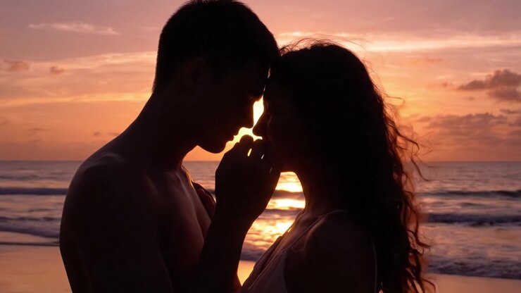 Une étreinte romantique au coucher du soleil : un couple partage un moment intime sur la plage tandis que le soleil se couche à l'horizon, créant une magnifique silhouette sur le ciel éclatant