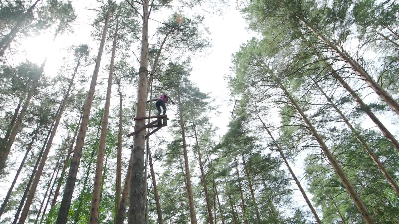 mujer disfrutando de un curso de aventura en la copa de un árbol en un bosque de pinos