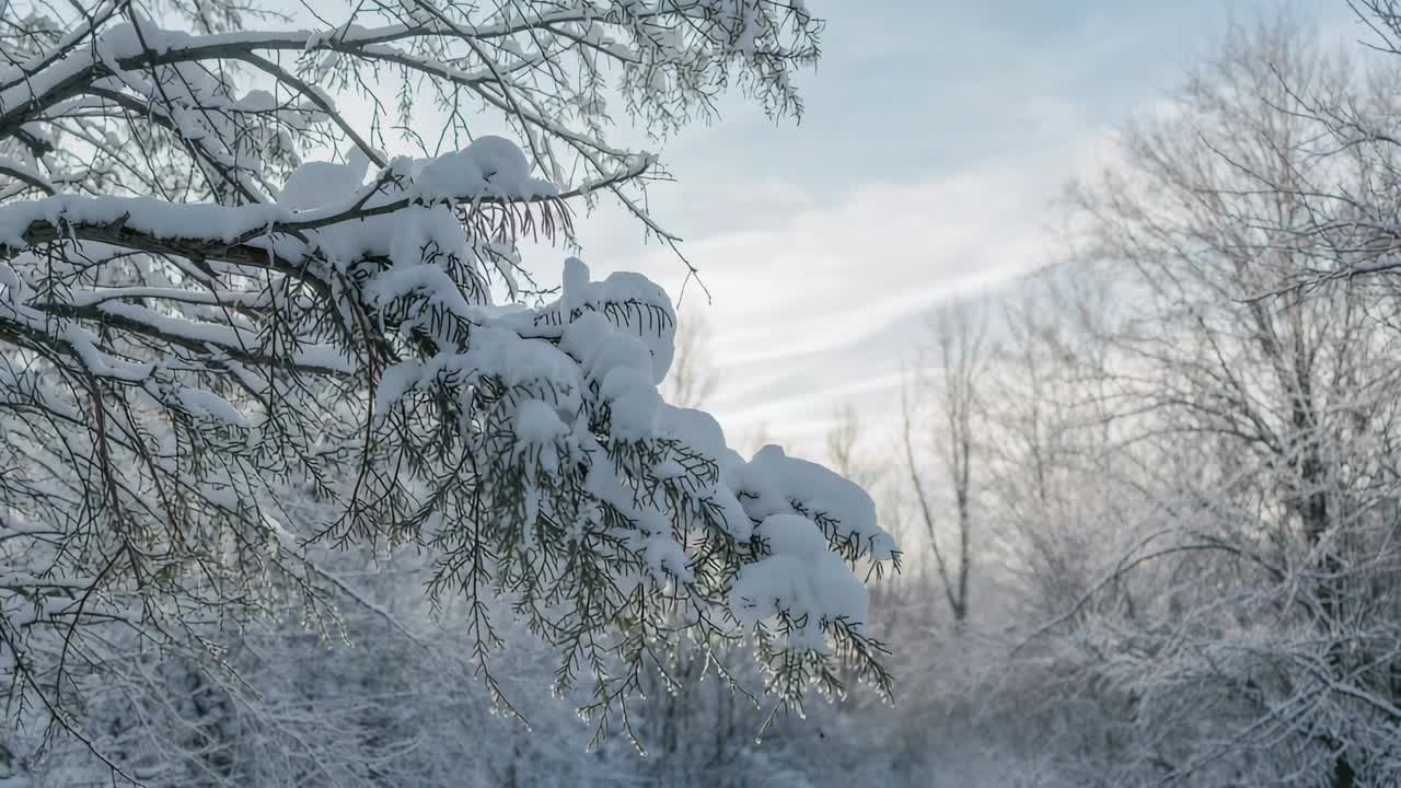 Panorering med kameraet, der indrammer fyrgrene med sne i trægrænsen, og viser sneklædte træer og bleg himmel