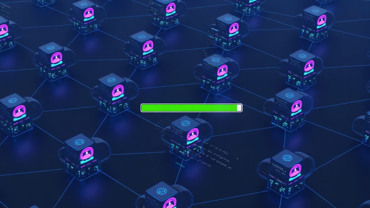 Data Transmission Progress: A Visual Representation of Network Connectivity and Computational Processing Through Animated Smart Devices in a Digital Environment